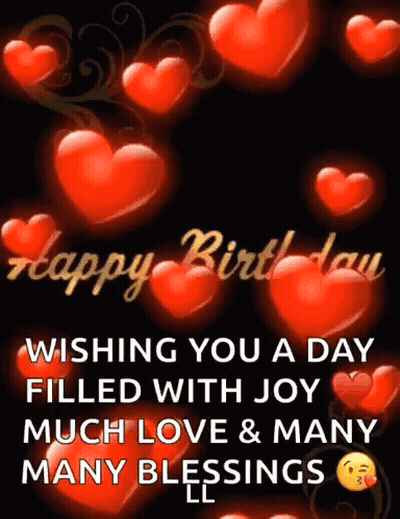 Happy Birthday Card With Red Hearts Wishing You A Day Filled With Joy Much Love & Many Many Blessings GIF