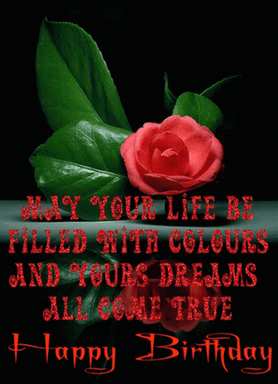 Happy Birthday Card With Red Rose And Green Leaves GIF