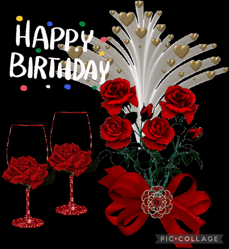 Happy Birthday Card With Red Roses And Wine Glasses GIF