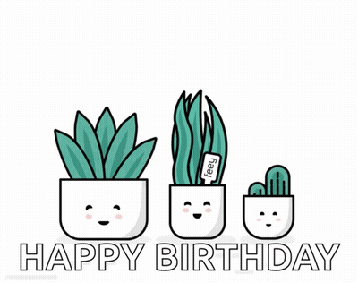 Happy Birthday Card With Three Potted Plants Faces GIF