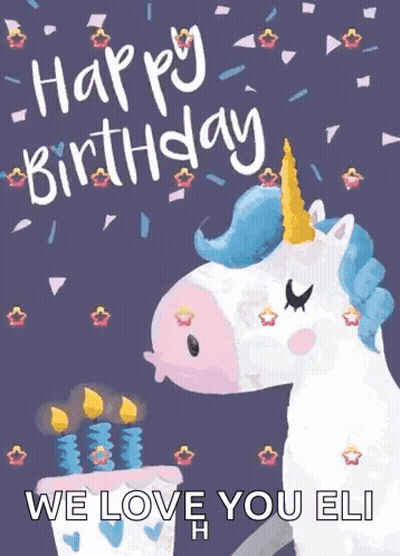Happy Birthday Card With Unicorn And Cake GIF