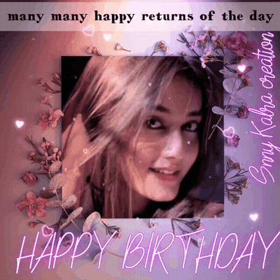 Happy Birthday Card With Woman And Flowers GIF