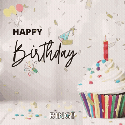 Happy Birthday Cupcake With Lit Candle And Confetti GIF