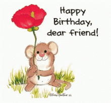 Happy Birthday Dear Friend Cute Mouse Rose GIF