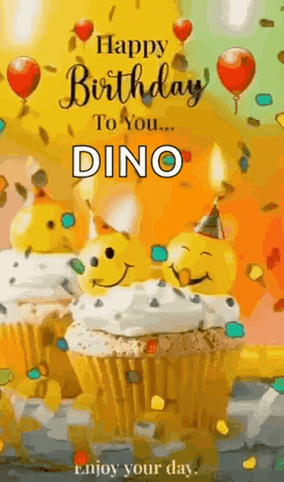 Happy Birthday Dino Greeting Card With Cupcakes And Balloons GIF