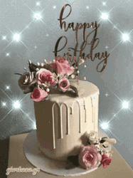  Happy Birthday Diva Cake Flowers Sparkling Background GIF