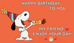 Happy Birthday Friend Snoopy Blowing Party Horns GIF