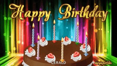 Happy Birthday Gerald Cake With Candles And Strawberries GIF
