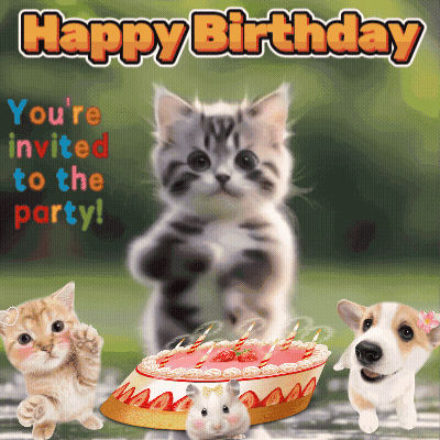 Happy Birthday Greeting Card Cat Dog Hamster GIF
