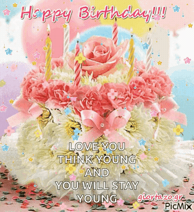 Happy Birthday Greeting Card With Cake And Flowers GIF