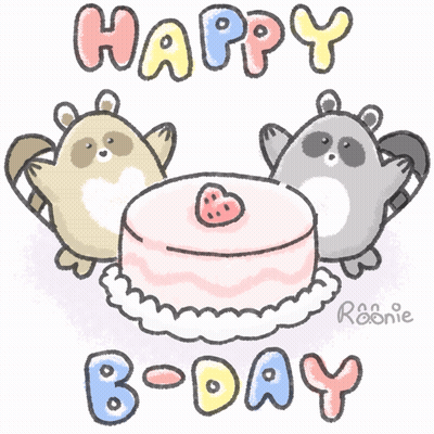 Happy Birthday Greeting Card With Cake And Three Animals GIF