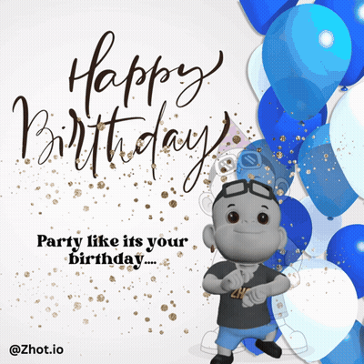 Happy Birthday Greeting Card With Cartoon And Blue Balloons GIF