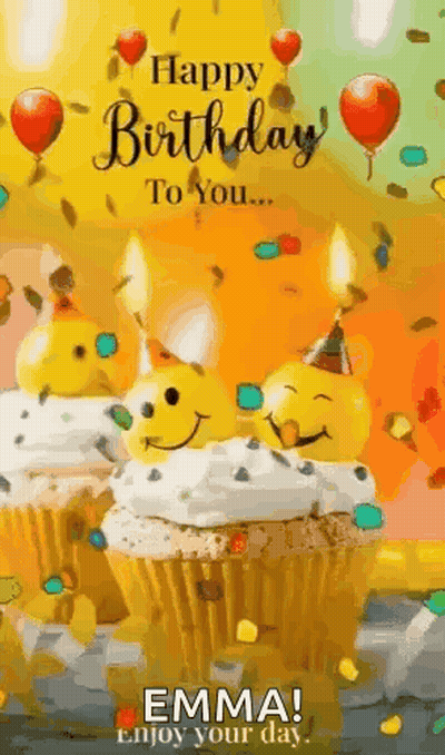 Happy Birthday Greeting Card With Cupcakes And Candles GIF