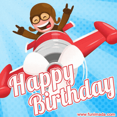 Happy Birthday Greeting Card With Man In Red Airplane GIF