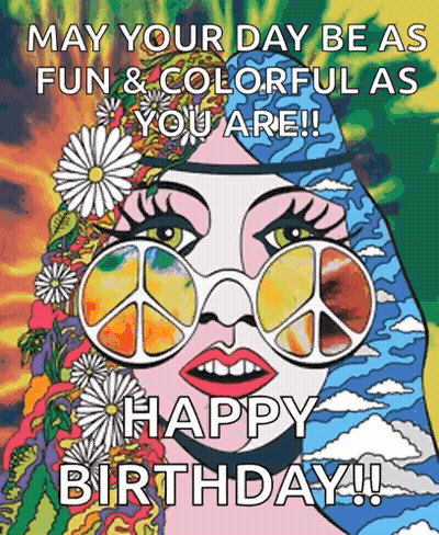 Happy Birthday Hippie Woman With Sunglasses And Peace Sign GIF