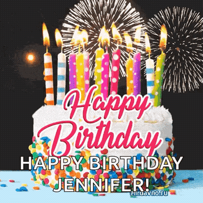 Happy Birthday Jennifer Greeting Card With Cake And Fireworks GIF