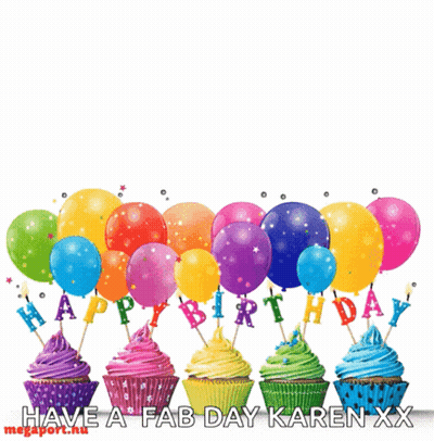 Happy Birthday Karen Cupcakes And Balloons Birthday Card GIF