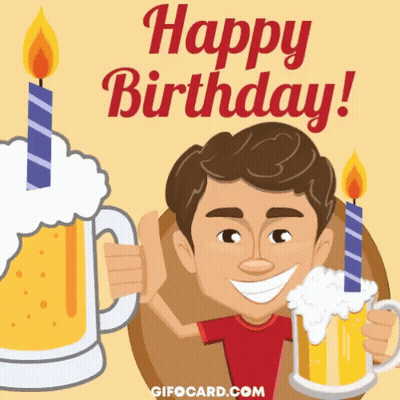 Happy Birthday Man Holding Two Beer Mugs And Candle GIF