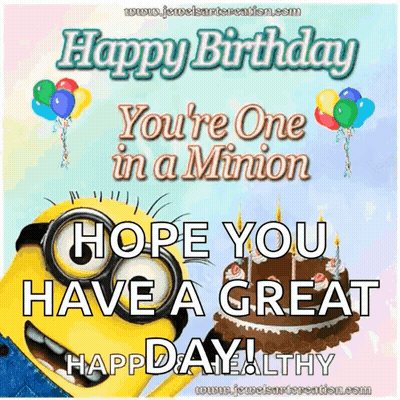 Happy Birthday Minion Holding Cake And Balloons GIF