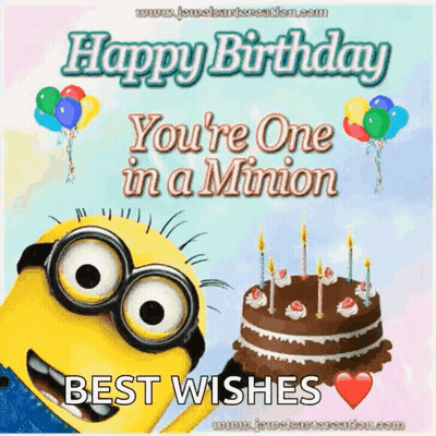 Happy Birthday Minion Holding Cake And Balloons GIF