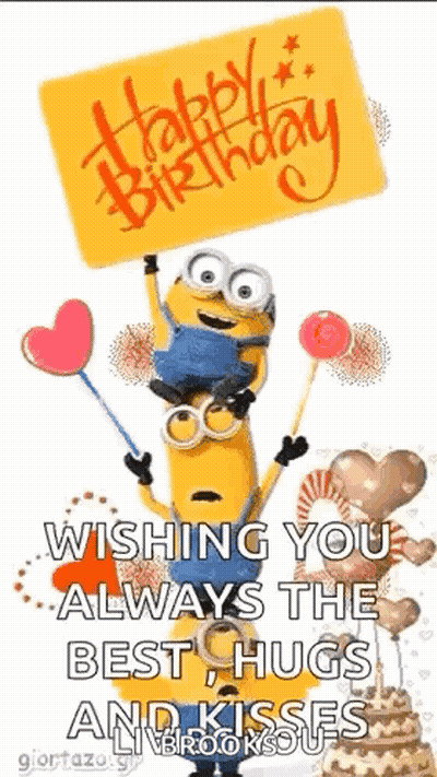 Happy Birthday Minions Holding Balloons And Cake GIF