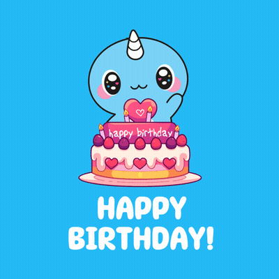 Happy Birthday Narwhal Holding Heart With Cake GIF