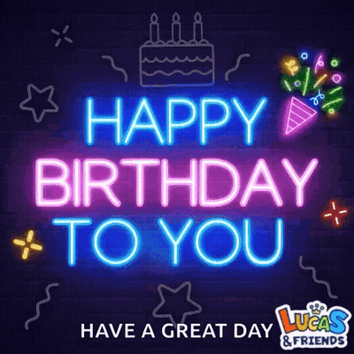 Happy Birthday Neon Sign With Cake And Fireworks GIF