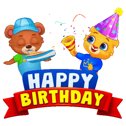 Happy Birthday Sign With Teddy Bears And Cat In Party Hats Sticker