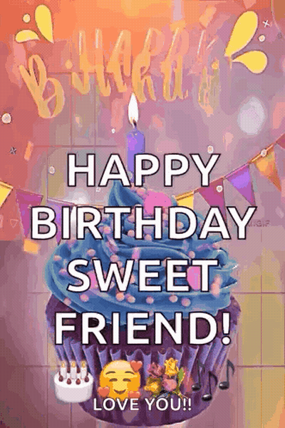 Happy Birthday Sweet Friend Cupcake With Blue Frosting And Candle GIF