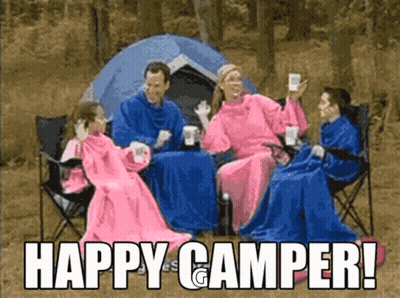 Happy Camper Group In Front Of Tent GIF