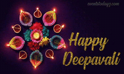 Happy Deepavali Greeting Card With Candles And Flowers GIF