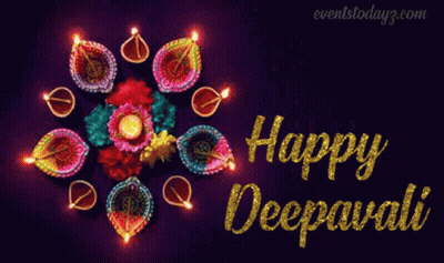 Happy Deepavali Greeting Card With Flowers And Oil Lamps GIF