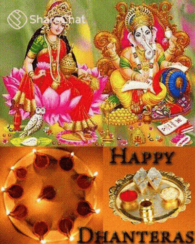 Happy Dhanteras Greeting Card With Collage Of Deities And Candles GIF