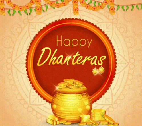 Happy Dhanteras Greeting Card With Pot Of Gold Coins GIF