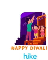 Happy Diwali Hike Sticker With Man And Children Decorating Door Sticker