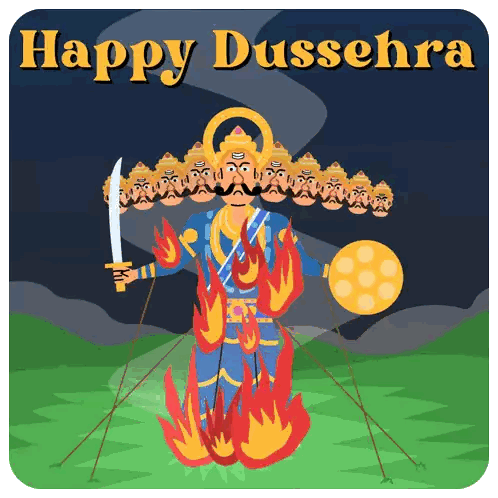 Happy Dussehra Cartoon Man Holding Sword Sticker