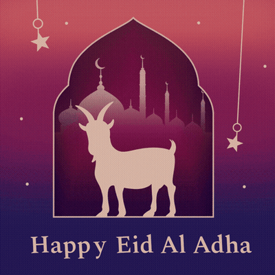 Happy Eid Al Adha Greeting With Goat And Mosque GIF