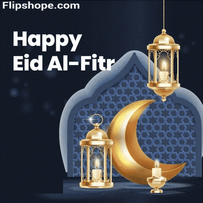 Happy Eid Al-Fitr Greeting Card With Gold Lanterns And Crescent Moon GIF