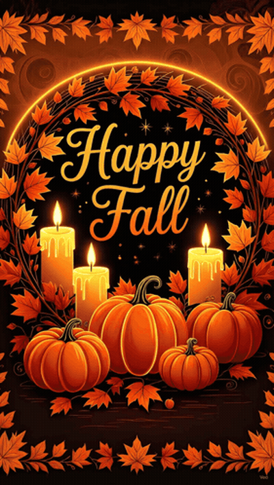 Happy Fall Greeting With Pumpkins And Candles GIF