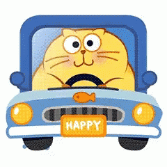 Happy Fluffy Cat Driving Cartoon GIF