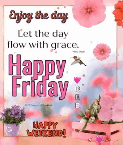 Happy Friday Card With Flowers And Hummingbird GIF