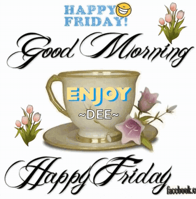Happy Friday Greeting Card With Coffee And Flowers GIF