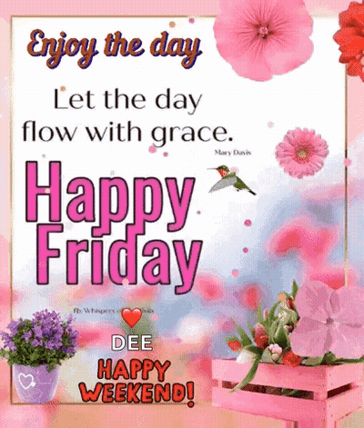 Happy Friday Greeting Card With Flowers And Hummingbird GIF