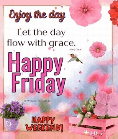 Happy Friday Greeting Card With Flowers And Hummingbird GIF
