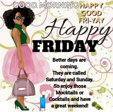 Happy Friday Greeting Card Woman Holding Purse And Cocktail GIF