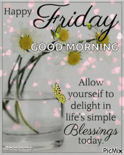 Happy Friday Morning Greeting Card With Flowers And Butterfly GIF