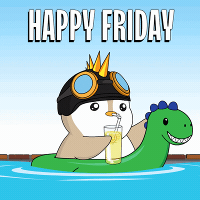 Happy Friday Penguin Floating In Pool With Drink GIF