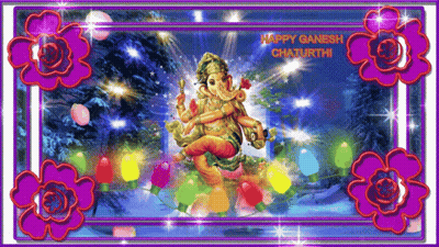 Happy Ganesh Chaturthi Greeting Card With Flowers And Lights GIF