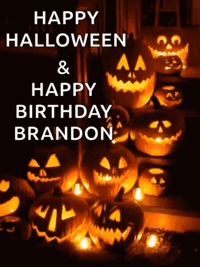 Happy Halloween And Happy Birthday Brandon Greeting Card With Pumpkins And Candles GIF