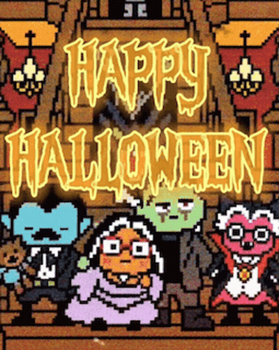 Happy Halloween Greeting Card With Cartoon Characters In Front Of Church GIF